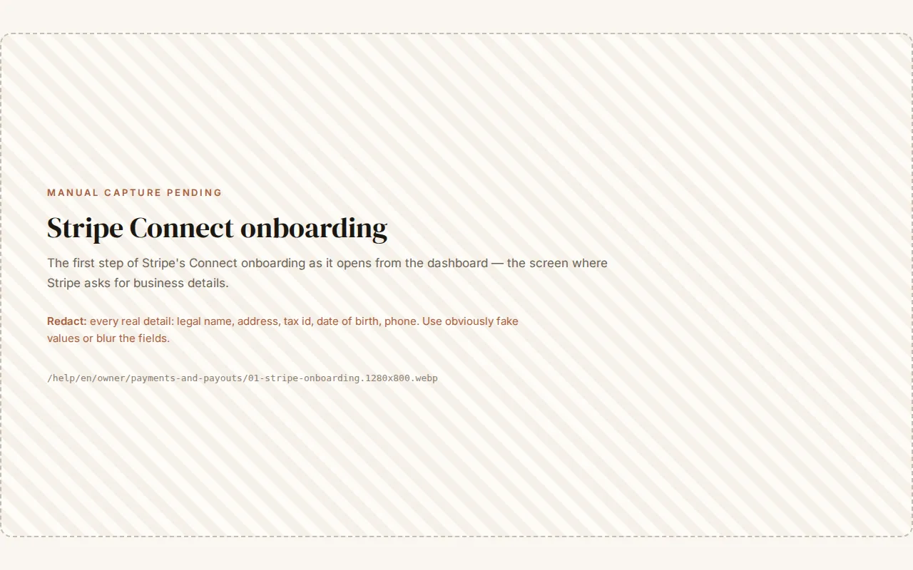 The first step of Stripe Connect onboarding, asking for business details, opened from the Bukavilla dashboard